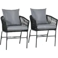 Fortuna Lai Gartenstühle 2er-Set mit Kissen, belastbar bis 120 kg, geschwungener Sitzschal im Boho-Stil, Metallrahmen 57 x 60 x 71 cm, Schwarz