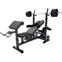 Gorilla Sports Hantelbank mit Gewichten - 170 cm Hantelstange, 40/70/100 kg Hantelset, Beincurler, Butterfly, Dip-station, Curlpult - Trainingsbank