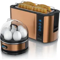 Arendo - SET Toaster FRUKOST mit Eierkocher SEVENCOOK Edelstahl Kupfer, Toaster 4 Scheiben, LED-Display, 6 Bräunungsgrade, Brötchenhalter - Eierkocher 1-7 Eier, Messbecher