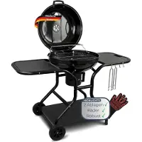 DELUKE Kugelgrill Holzkohle EUGEN [Inkl. Handschuhe & Haken] BBQ Grill Holzkohlegrill mit klappbarem Deckel 55cm Grillwagen mit Rädern, Schwarz