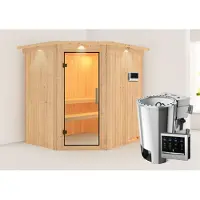 Karibu Sauna Innensauna Lilja Eckeinstieg Ofen 3,6 kW -Ofen externe Strg. easy 210x184x202 cm mit Dachkranz mit Klarglastür