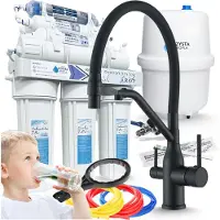 ARI Wasserfilter Set RO7 mit 3-Wege Küchenarmatur Magneto Schwarz Matt, 7-stufige Umkehrosmose, Mineralisierung