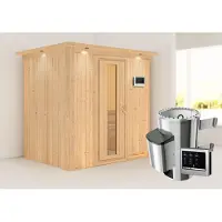 Karibu Sauna Innensauna Fanja Fronteinstieg Ofen 3,6 kW externe Strg.easy 210x165x202 cm mit Dachkranz mit Energiespartür