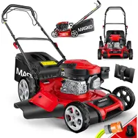 MASKO Benzin Rasenmäher 5in1 Radantrieb EasyClean Reinigungsfunktion Mulchfunktion Seitenauswurf hohe Schnittbreite 8-fache Schnitthöhenverstellung | 4 Takt Motor | inkl. Fangkorb