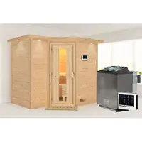 Karibu Sauna Innensauna Sahib 2 Eckeinstieg Ofen 9 kW externe Strg easy 264x198x214 cm mit Dachkranz mit Energiespartür