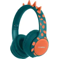 IMoshion Kabellose Kinderkopfhörer Dino LED Light - Dezibelbegrenzer - Mit AUX-Kabel - Petrol Green / Orange