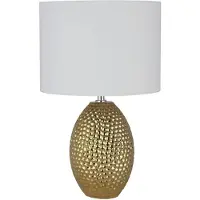 Licht-Erlebnisse Nachttischleuchte Keramik Stoff E27 D: 28 cm rund 45 cm hoch in Gold Creme-Weiß Modern Keramikleuchte