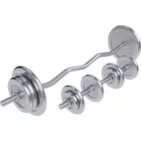 Gorilla Sports Hantelset 70kg - 4x1,25kg, 4x2,5kg, 4x5kg, 2x10kg Gewichte, SZ Curlstange 120cm, 2 Kurzhanteln, 30mm, 6 Sternverschlüsse, gerändelt, Chrom - SZ-Stange, Langhantel Set, Langhantelstange