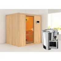Karibu Sauna Innensauna Fanja Fronteinstieg Ofen 3,6 kW -Ofen externe Strg. easy 196x151x198 cm ohne Dachkranz mit Bronzierter Tür