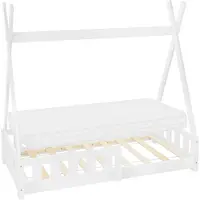 ML-Design Kinderbett Tipi 70x140 cm mit Matratze, Rausfallschutz und Lattenrost, aus Kiefernholz, Weiß, Hausbett mit Zaun Bodenbett Holzbett