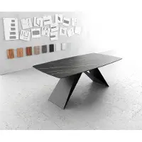DELIFE Esstisch Edge Bootsform 200x100cm Laminam Keramik Noir Desir Braun V-Mittelfuß Schwarz