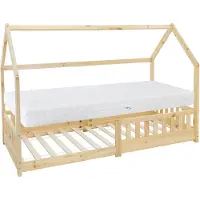 ML-Design Kinderbett 90x200 cm mit Matratze, Rausfallschutz, Dach und Lattenrost, Natur, Hausbett aus Kiefernholz Bodenbett Holzbett