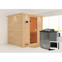 Karibu Sauna Innensauna Mojave Fronteinstieg Ofen 9 kW externe Strg easy 224x210x206 cm mit Dachkranz mit Bronzierter Tür