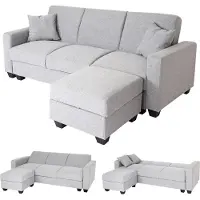 Mendler Sofa MCW-H47 mit Ottomane, Couch Sofa Gästebett, Schlaffunktion Stauraum 217x145cm Stoff/Textil hellgrau