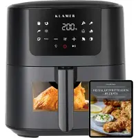 KLAMER Heißluftfritteuse 5l XL, Heissluftfritteuse mit Sichtfenster & Schüttel-Erinnerung, Ölfreier 1500W Airfryer mit LED-Touchscreen, digitalem deutschen Rezeptbuch und spülmaschinenfestem Korb