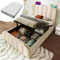 MODFU Einzelbett mit Matratze 90x200 Hydraulisches Lagerbett mit mit goldenen Zierstreifen und USB+Typ-C Ladefunktion,Kinderbett aus Leinen,Beige