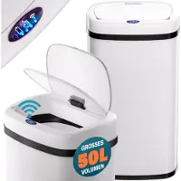 Monzana Mülleimer mit Sensor Küche 50L Edelstahl Automatik Deckel Klemmring inkl. USB-Kabel Abfalleimer Groß Papierkorb LED Anzeige, Farbe:weiß