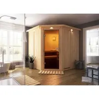 Karibu Sauna Innensauna Jarin Eckeinstieg Ofen 9 KW externe Strg easy 210x210x202 cm mit Dachkranz mit Bronzierte Tür