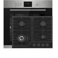 Böhme Einbaubackofen HB60F78PPX mit versenkbare Knebel, Edelstahl Glas mit Heißluft, Teleskopauszug + Gasline Gaskochfeld 60cm Schwarz 4 Brennern WOK