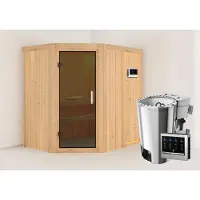Karibu Sauna Innensauna Saja Eckeinstieg Ofen 3,6 kW -Ofen externe Strg. easy 196x151x198 cm ohne Dachkranz mit Graphittür