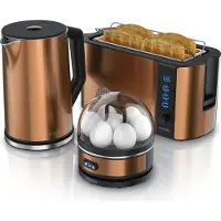 Arendo Frühstücks Set, Wasserkocher 1,5l Temperaturwahl, 4-Scheiben Toaster & Eierkocher für 7 Eier, Kupfer