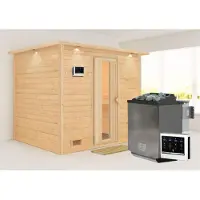 Karibu Sauna Innensauna Sonara Fronteinstieg Ofen 9 kW externe Strg easy 259x210x206 cm mit Dachkranz mit Energiespartür