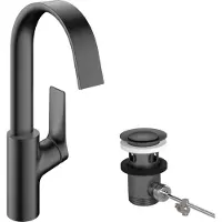 Hansgrohe Vivenis Einhebel-Waschtischarmatur 210, mit Schwenkauslauf und Zugstangen-Ablaufgarnitur, Ausladung 139mm, 75030340, Farbe: Brushed Black Chrome