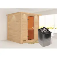 Karibu Sauna Innensauna Mojave Fronteinstieg Ofen 9 kW integr. Strg 224x210x206 cm mit Dachkranz mit Bronzierter Tür