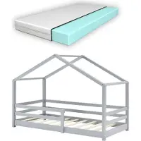 En.casa Kinderbett mit Matratze und Rausfallschutz 70x140cm Hausbett mit Kaltschaummatratze Bettenhaus mit Lattenrost Kiefernholz Kleinkindbett Hellgrau []