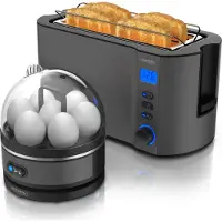 Arendo - SET Toaster MANHA mit Eierkocher SEVENCOOK Edelstahl Grau, Toaster 4 Scheiben, LED-Display, 6 Bräunungsgrade, Brötchenhalter - Eierkocher 1-7 Eier, Messbecher