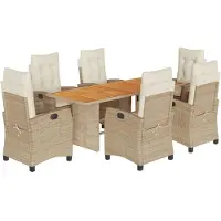 vidaXL 7-tlg. Garten-Essgruppe mit Kissen Beige Poly Rattan