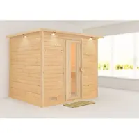 Karibu Sauna Innensauna Sonara Fronteinstieg ohne Zubehör 259x210x206 cm mit Dachkranz mit Energiespartür
