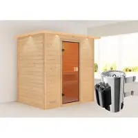 Karibu Sauna Innensauna Selena Fronteinstieg Ofen 3,6 kW intgr. Strg 223x159x191 cm mit Dachkranz