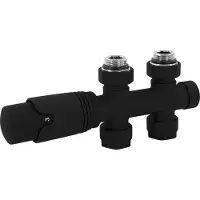 LuxeBath Ventil-Armaturen Set Multiblock Schwarz Durchgangsform mit Thermostat für Badheizkörper Mittelanschluss, Anschlußarmatur, Heizkörperventil