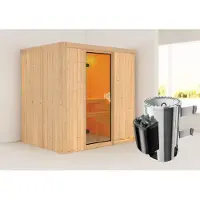 Karibu Sauna Innensauna Fanja Fronteinstieg Ofen 3,6 kW intgr. Strg 196x151x198 cm ohne Dachkranz mit Bronzierter Tür