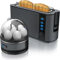 Arendo - SET Toaster FRUKOST mit Eierkocher SEVENCOOK Edelstahl Grau, Toaster 2 Scheiben, LED-Display, 6 Bräunungsgrade, Brötchenhalter - Eierkocher 1-7 Eier, Messbecher