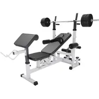 Gorilla Sports Kraftstation mit Langhantel - 170 cm Hantelstange, 40 kg Hantelset, Beincurler, Butterfly, Dip-station, Curlpult, Weiß