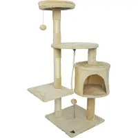 SPOCADO "Athletic" Kratzbaum | 112 x 40 x 40 cm | Mit Höhle, Plattform & Plüschbällen | Sisal-Kratzpfosten | Weicher Plüschstoff | beige | SCO-10