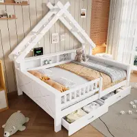 STILVORA Kinderbett 140x200 cm mit LED-Beleuchtung und Schutzgitter, Hausbett mit Ablagefächern und 2 Schubladen, Holzbett aus Kiefer und MDF mit stabilem Gestell, für Kinderzimmer, Weiß