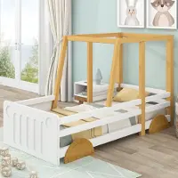 OKWISH Autobett 90x200cm, Jeep-Bett, Kinderbett mit MDF-Rädern, Einzelbett Rahmen aus Kiefer, Weiß