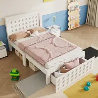 MODFU Jugendbett mit Matratze 90x200 Kinderbett aus Massivholz,Einzelbett mit Schubladen & Unterm Bett Stauraum,Bettgestell mit Lattenrost,mit Block Design,Weiß