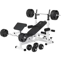 Gorilla Sports Hantelbank - mit 100kg Hantelset, Ablage, Dip-Station, Verstellbar, Weiß - Multifunktion Trainingsbank mit Gewichten, Kraftstation