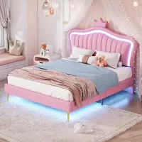 OKWISH Polsterbet 140x200 mit Matratze,Kinderbett Jugendbett mit LED-Leuchten,Einzelbett mit höhenverstellbarem Kopfteil und Lattenrost,mit Kroneform Kopfteil,Rosa