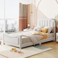 STILVORA Kinderbett 90×200 Polsterbett Jugend- und Gästebett mit Rückenlehne,Einzelbett Bettgestell mit Kopfteil(mit Matratze),Beige