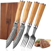 Zayiko Minami Damast 2er Steakbesteck-Set 12 cm Klingen Olivenholzgriffe Holzbox