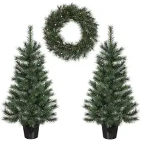 Black Box Trees Glendon Künstlicher Weihnachtsbaum und Weihnachtskranz Set - 2 Tannenbaumen Klein und 1 Kranz mit LED-Beleuchtung - Grün