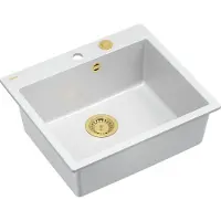 Quadron Spülbecken 1-Becken Spüle | Größe: 57 x 50 x 22 cm | MORGAN 110 | Unterbauspüle Granitspüle aus GraniteQ mit Siphon | Weiß & Golden
