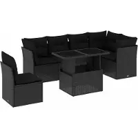 vidaXL 7-tlg. Garten-Sofagarnitur mit Kissen Schwarz Poly Rattan