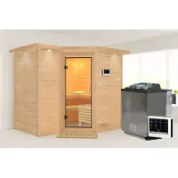 Karibu Sauna Innensauna Sahib 2 Eckeinstieg Ofen 9 kW externe Strg easy 264x198x214 cm mit Dachkranz mit Klarglastür
