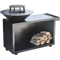 The Favilla FLAME Feuerschale mit Grillplatte & Plancha, Feuerschale mit Grillring, Holzstauraum & Wetterfest & pulverbeschichtet in Schwarz